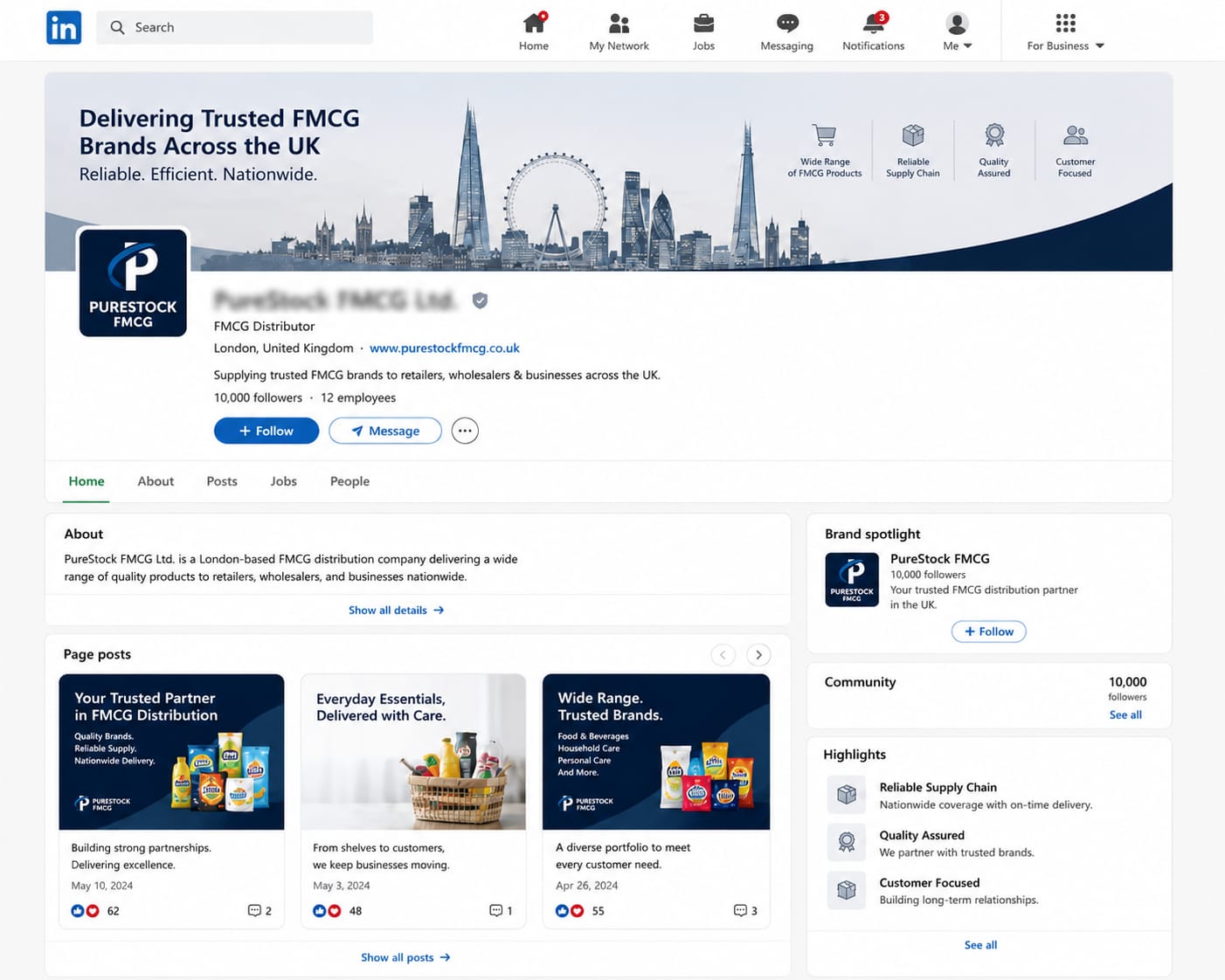 LinkedIn company page transformation showing the fully overhauled professional banner, trade-focused headline optimization, and high-impact grid framework.